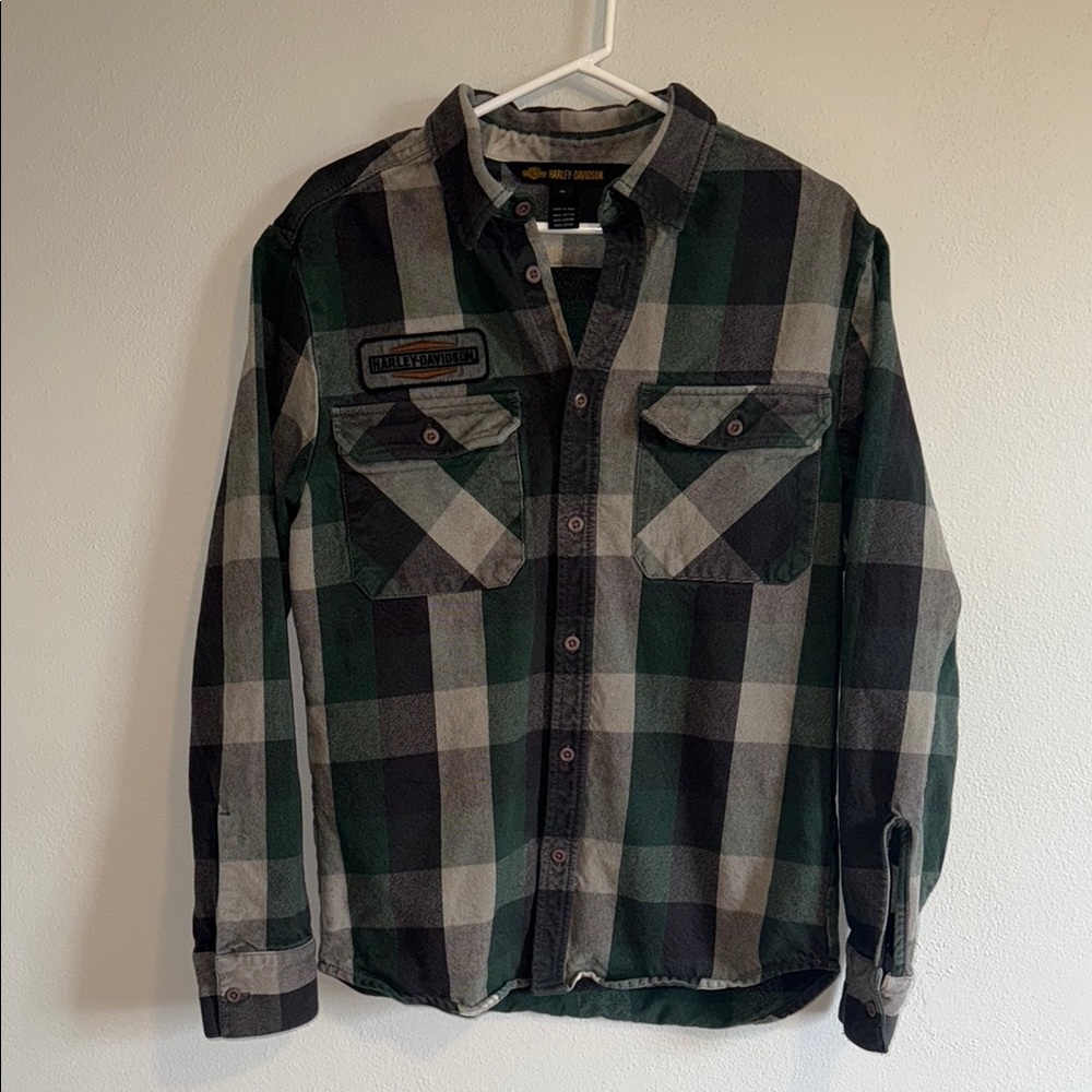 Harley-Davidson Green and Black Plaid Casual Button Down Shirt